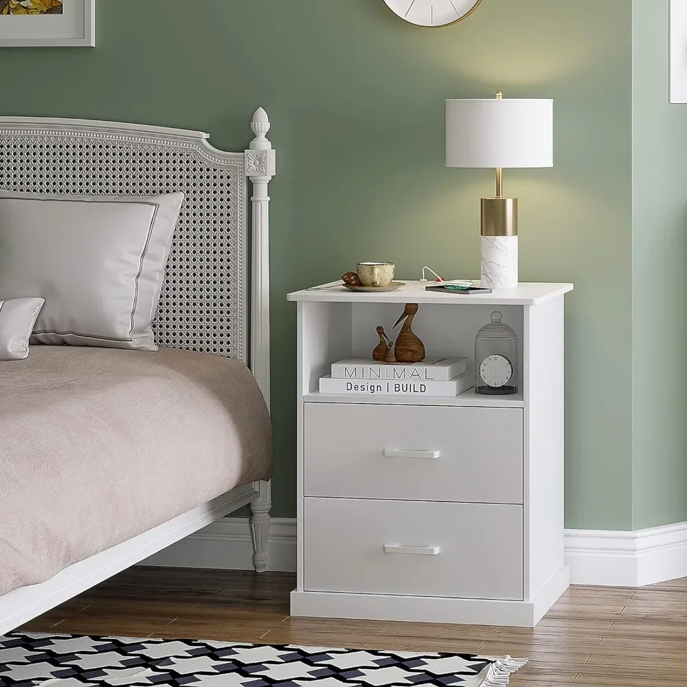 

Nightstand with Charging Station, Large Nightstands with Storage Drawers and Open Cubby Nightstand