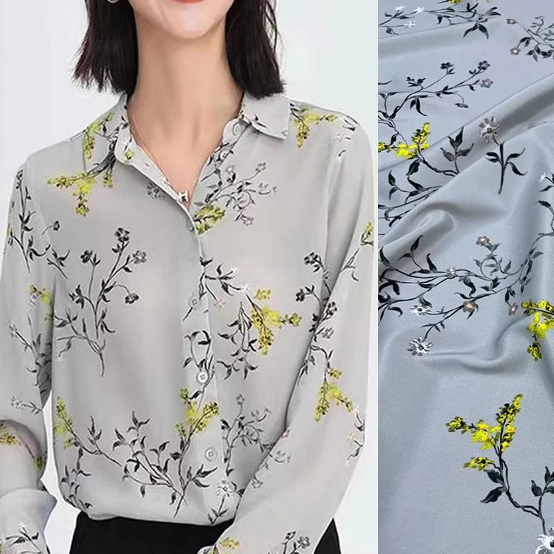 

Yellow Floral Print Grey Silk Crepe De Chine Fabric with Elasticity for Dressmaking Cheongsam 140CM Wide 18MM Thick D1406