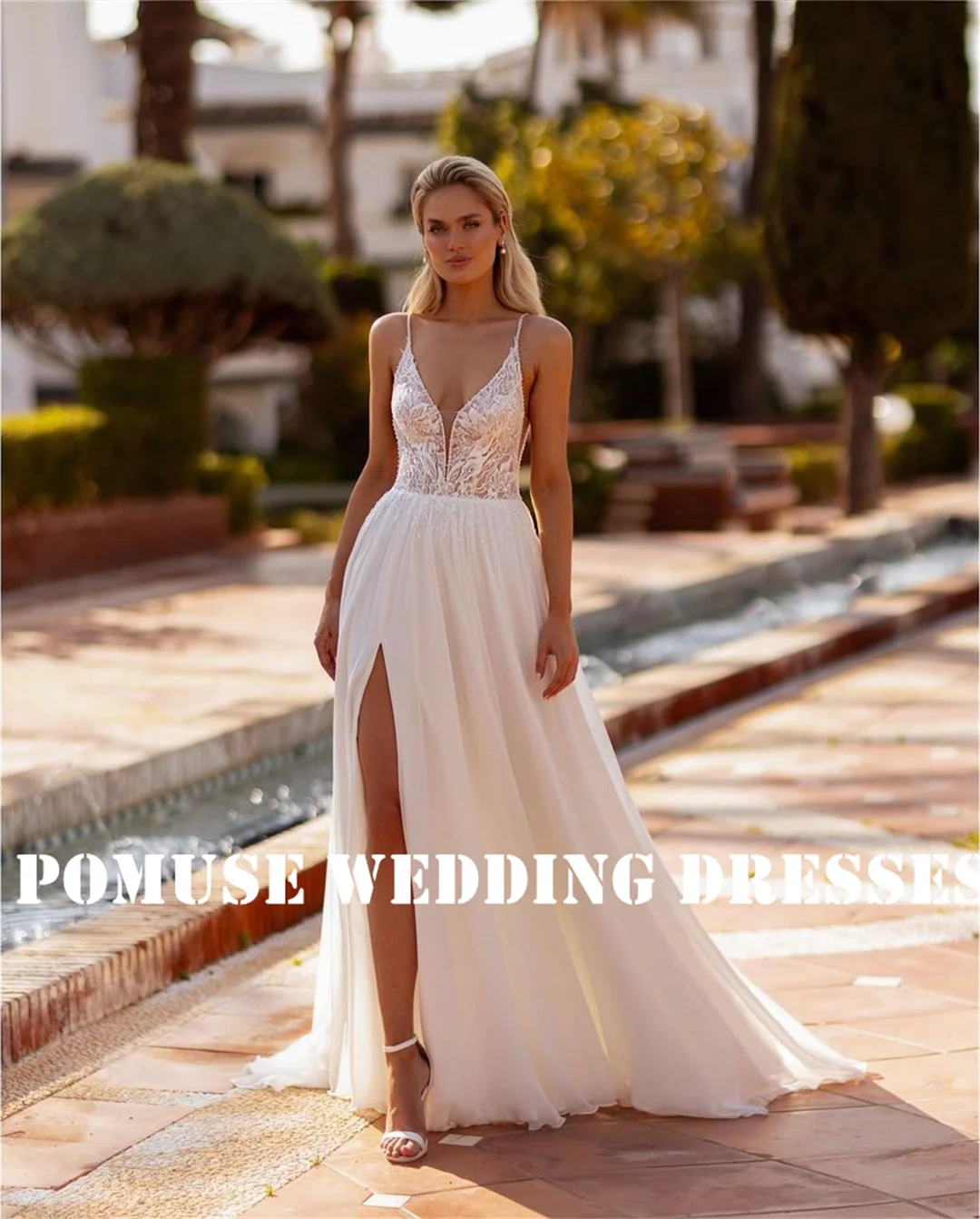 POMUSE Wedding Dresses Sleeveless High Split Spaghetti Straps Chiffon Wedding Bride Gown Custom Made Vestido De Novia for Women
POMUSE Wedding Dresses Sleeveless High Split Spaghetti Straps Chiffon Wedding Bride Gown Custom Made Vestido De Novia for Women