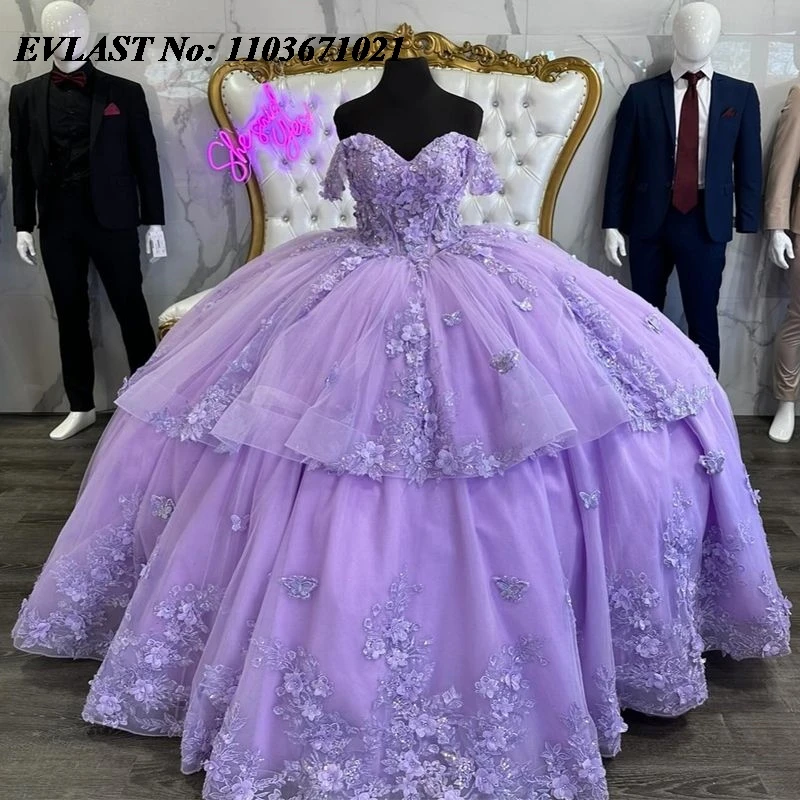 

EVLAST Shiny Lavender Quinceanera Dress Ball Gown 3D Floral Applique Beading Mexico Corset Sweet 16 Vestidos De XV 15 Anos SQ99