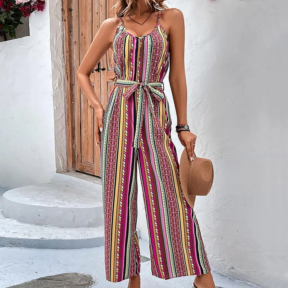 

Women Summer Jumpsuit V Neck Sleeveless Straight Wide Leg Lace-up Belted Waist Colorful Striped Loose Soft Vacation Ninth Jumpsu