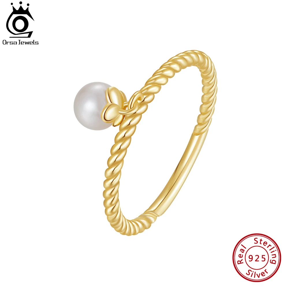 

ORSA JEWELS 925 Sterling Silver Dangle Pearl Stacking Rings 14K Gold Plated Dainty Finger Band for Women Jewelry Gift GPR19
