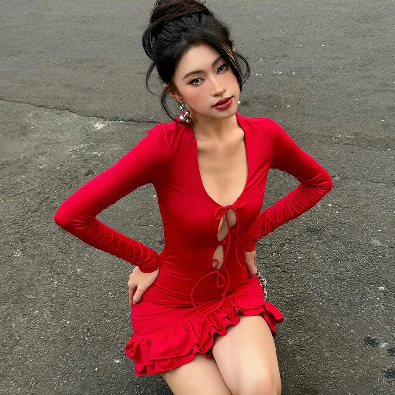 

Guke New Woman’s Summer Long sleeved hollow out Tying Tight fitting flounce Dress Red Sexy Date skirt