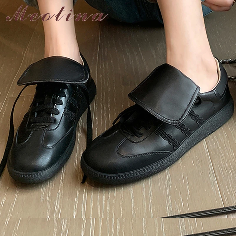 

Meotina Women Genuine Leather Sneakers Round Toe Flats Lace-up Concise Ladies Fashion Casual Shoes Spring Autumn Silver Black 40