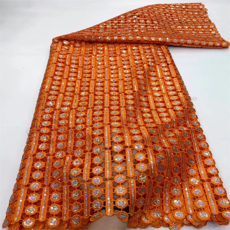 

2024 Hot sale 5 Yards Orange High quality African Water Soluble Lace for wedding Sequins Fabric Nigeria sewing wedding dress