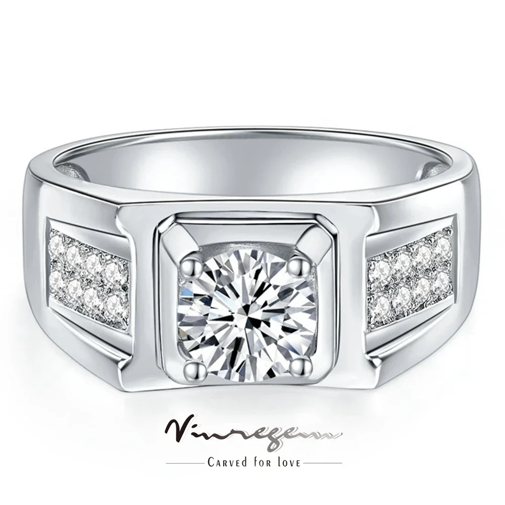 

Vinregem 6.5MM 1CT VVS1 3EX D Color Real Moissanite Diamonds Gems 100% 925 Sterling Silver Ring for Men Women Engagement Jewelry