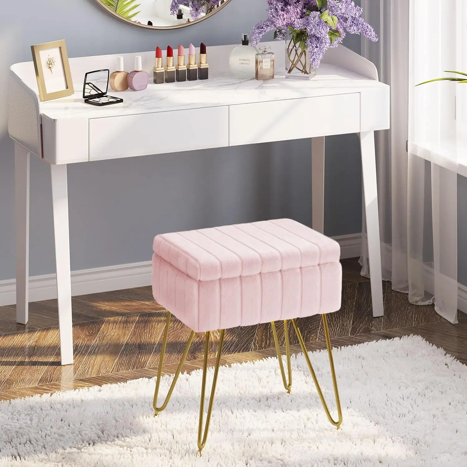 

Vanity Stool Chair Faux Fur with Storage, 15.7"L x 11.8"W x 19.4"H Soft Ottoman 4 Metal Legs, Furry Padded Seat, Pink