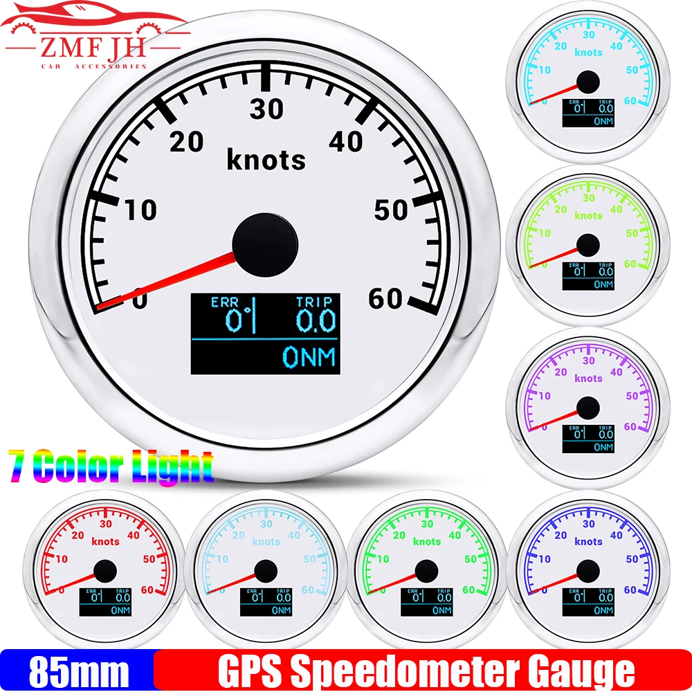 

0~30 Knots 85mm GPS Speedometer Gauge with Antenna 7 Color Light 60 Knots Odometer 3 IN 1 Gauge COG TRIP Mileage for Boat 12V24V