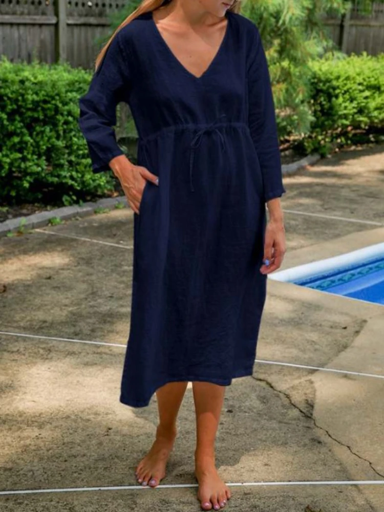 New Fashion Women's Dress Solid Color V-neck Regular Sleeve Leisure Pocket Vestido Casual Party Dress for Women 2023
New Fashion Women's Dress Solid Color V-neck Regular Sleeve Leisure Pocket Vestido Casual Party Dress for Women 2023