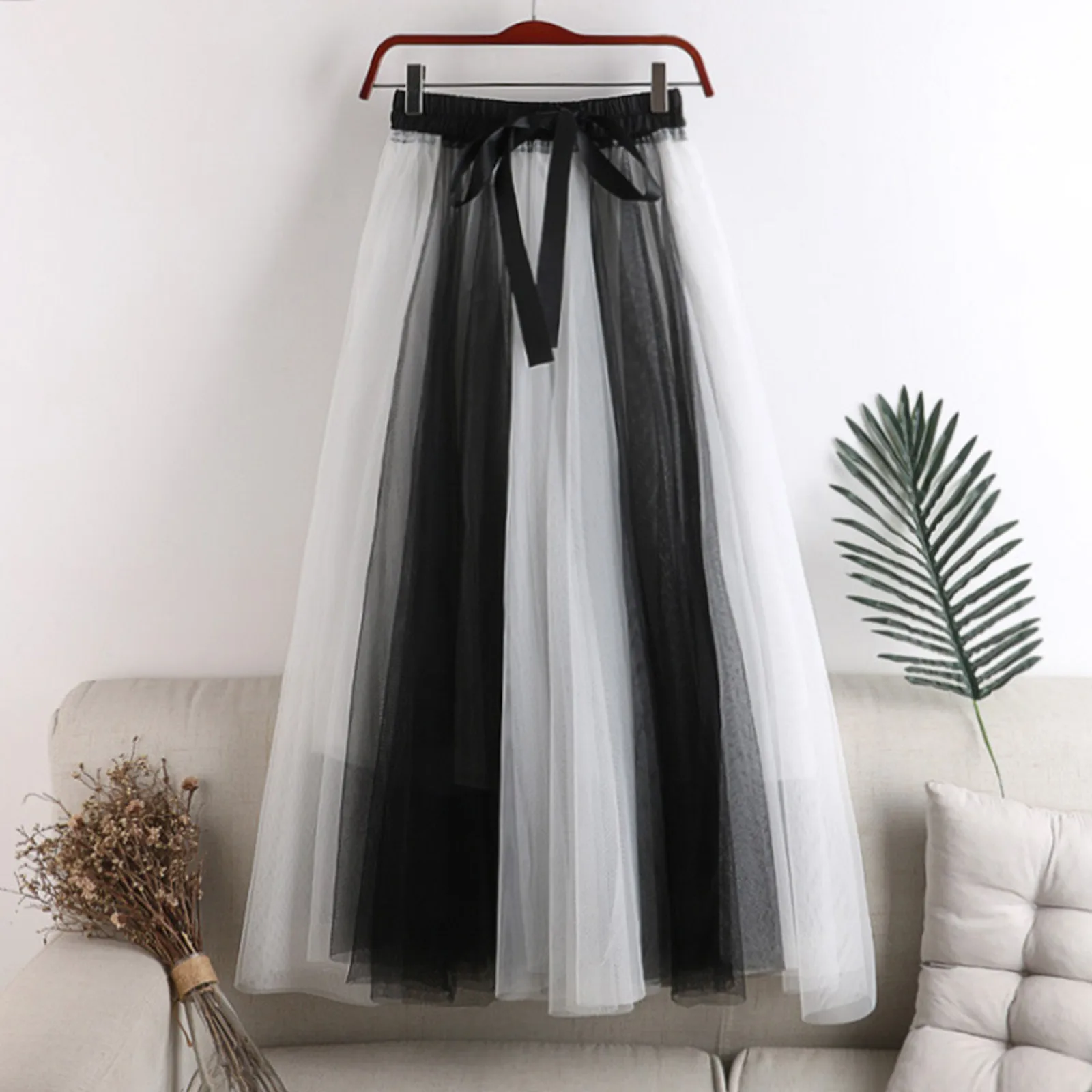 

Women's European and American Style 7-layer Mesh Gauze Skirts A Line Stretchy High Waisted Color Block Fluffy Half Length Skirt