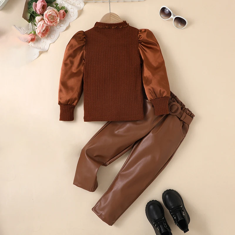 

Kids Girls 2Pcs Fall Outfits Long Puff Sleeve Ribbed Knit Tops + Leather Pants Set Toddler Clothes 4-7Years