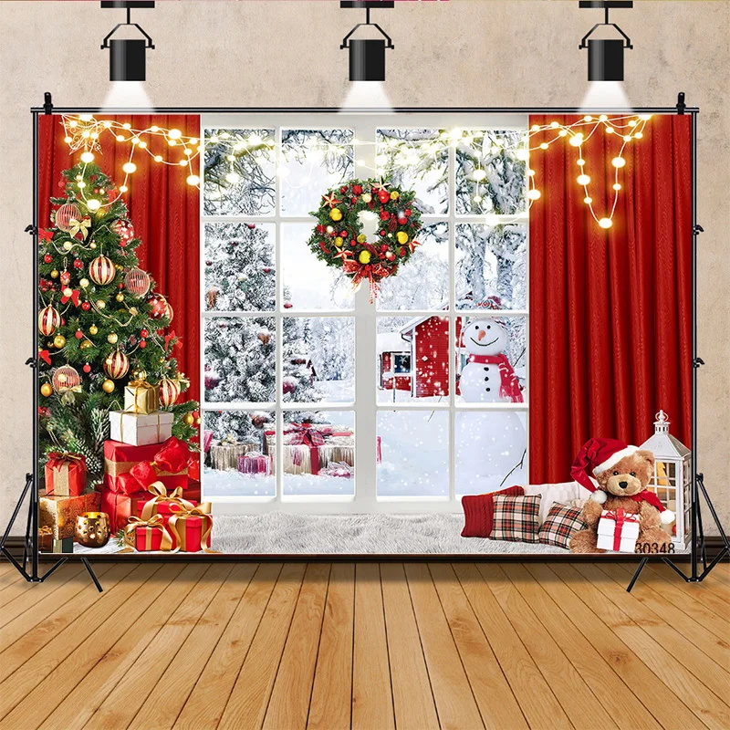 

SHENGYONGBAO Christmas Tree Window Wreath Photography Backdrop Wooden Doors Snowman Cinema Pine New Year Background Prop ZZ-23