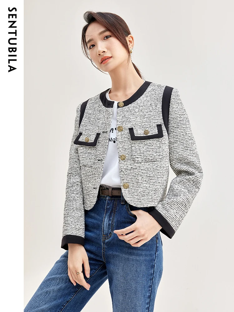 

SENTUBILA Round Neck Cropped Jacket Women 2024 Spring Elagnat Single-Breasted Coat Female Contrast Chic Tops Outwear W33W51356