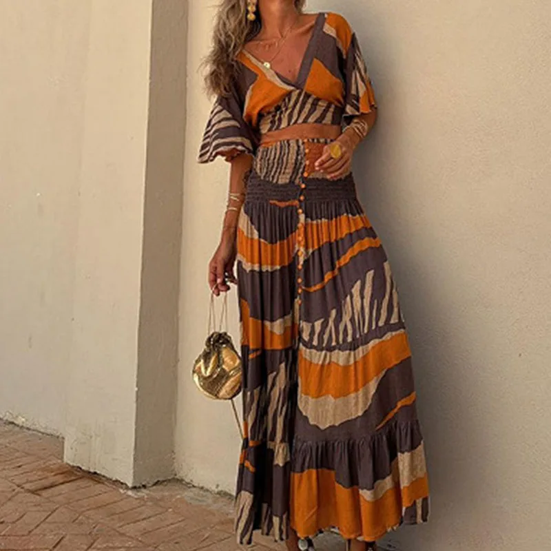 Женский богемный пляжный костюм, привлекательный облегающий топ с V-образным вырезом и принтом, летний ажурный костюм с коротким рукавом, весна 
Женский богемный пляжный костюм, привлекательный облегающий топ с V-образным вырезом и принтом, летний ажурный костюм с коротким рукавом, весна