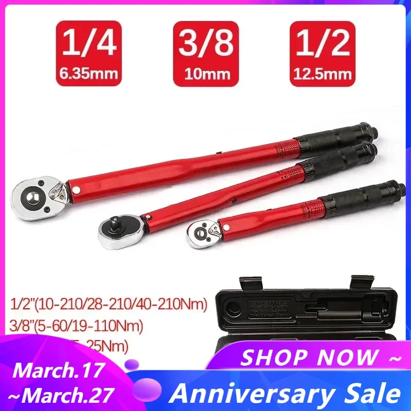 

1/4 3/8 1/2 Square Drive Torque Wrench Precise Car Bike Repair Hand Tools Spanner Two-way Ratchet Key 2-210N.m Automotive Tool