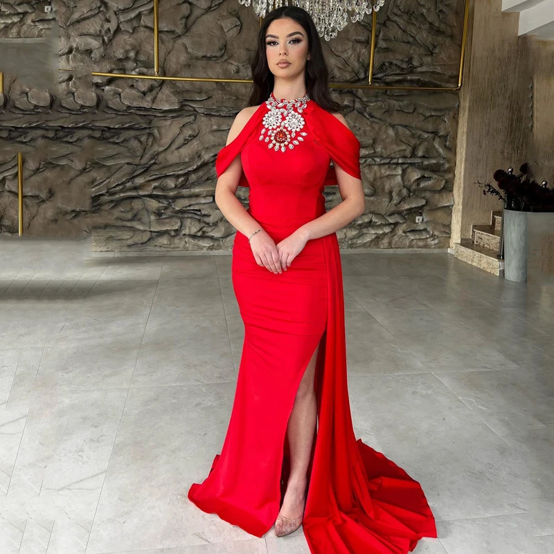 

Thinyfull Red 2023 Sexy Prom Dresses Mermaid Beadings Side Slit Evening Dress Formal Saudi Arabia Cocktail Party Gowns Plus Size