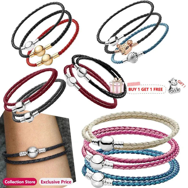 

Authentic S925 sterling silver exquisite woven leather rope original women's logo double ring bracelet wedding DIY charm jewelry
