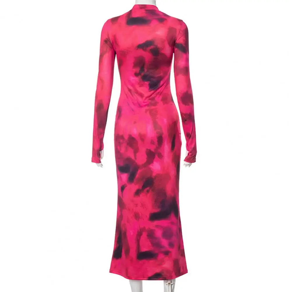 

Tie-dye Maxi Dress Elegant Round Neck Maxi Dress with Long Sleeve Tie-dye Pattern for Women Slim Fit Sheath Style for Spring