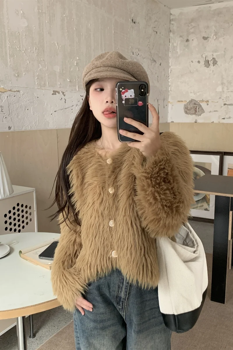 

New imitation mink fur women's 2023 Korean style autumn winter loose short outer wear base sweater knitted cardigan top chic