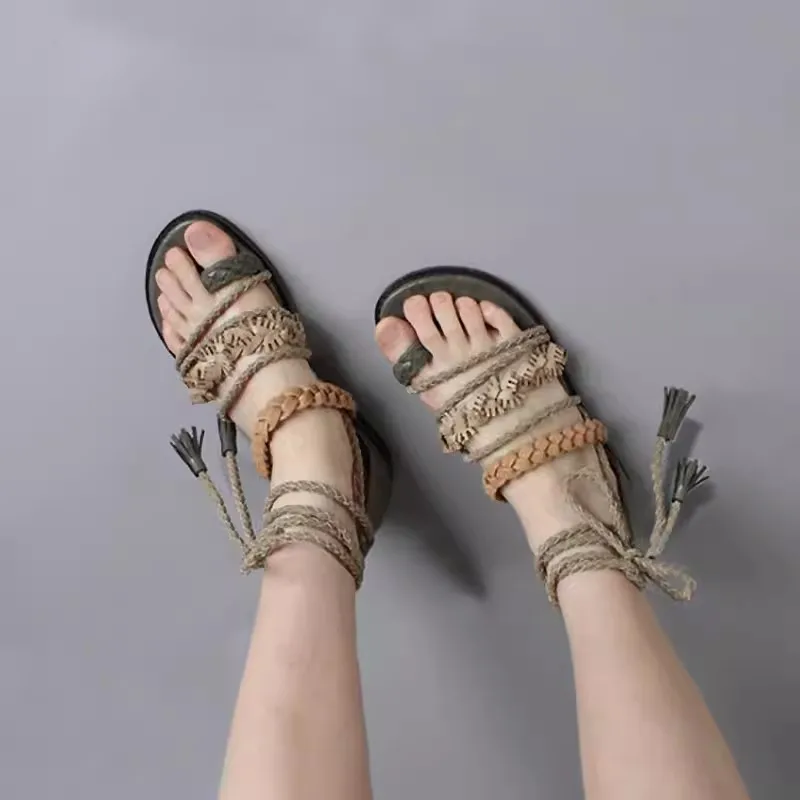 

Roman Weaving Ankle Strap Women Sandals Summer Bohemian Beach Leisure Shoes Fashion Peep Toe Low Heel Ladies Flats Gladiator