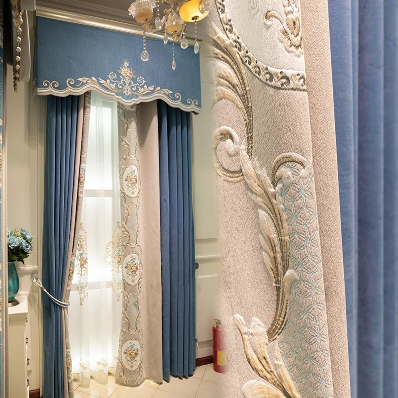 

Custom curtain European palace chenille embroidered shading stitching blue cloth blackout curtain tulle valance drape C1056