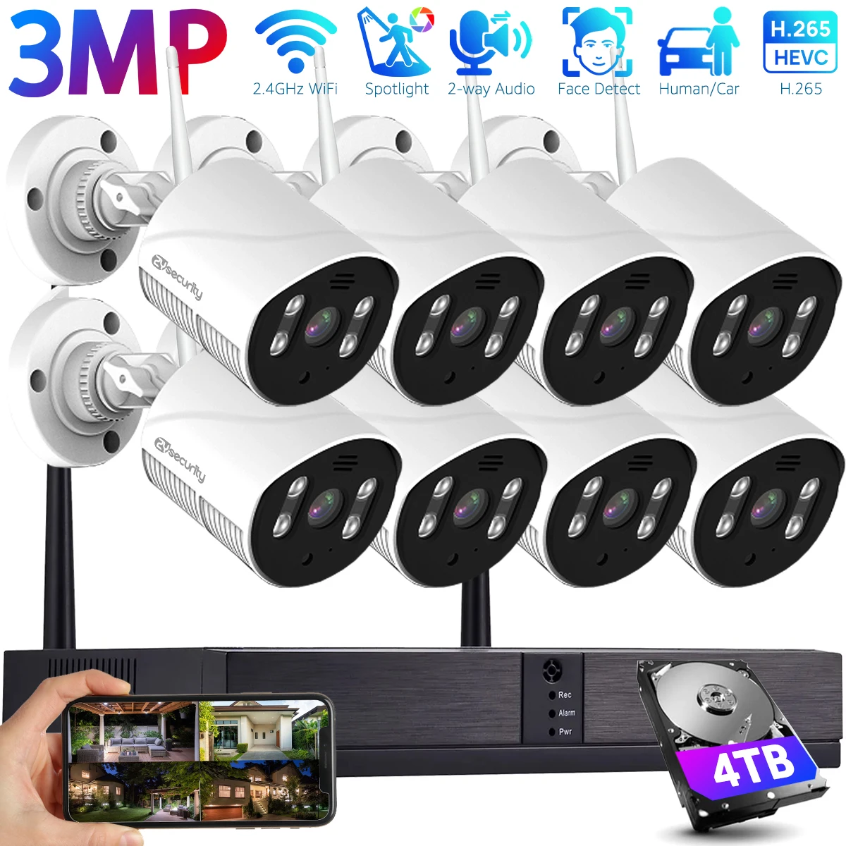 

2K 3MP Wireless Security Camera System Surveillance NVR Kits with 8Pcs Outdoor IP Cameras Audio Color Night Vision WiFi NVR Set