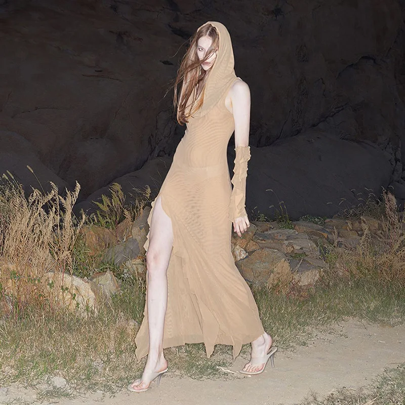 Elegant Midi Dress Women Y2K Khaki Double-Deck Mesh Hooded High Elastic Ruffle Hem Slit Dress Divided Sleeve Gothic Style 2024
Elegant Midi Dress Women Y2K Khaki Double-Deck Mesh Hooded High Elastic Ruffle Hem Slit Dress Divided Sleeve Gothic Style 2024