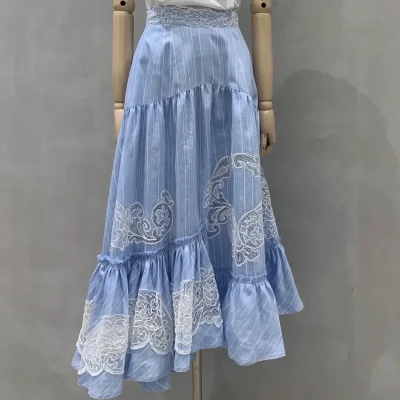 Vintage Blue Lace Patchwork Skirt for Women Poplin Cotton High Quality New 2024
Vintage Blue Lace Patchwork Skirt for Women Poplin Cotton High Quality New 2024