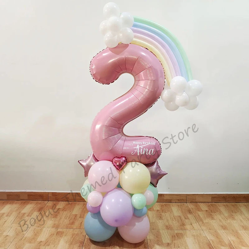 

38pcs Macaron Rainbow Balloon with 40inch Pearlescent Pink Number Foil Balloons Kids Girl Birthday Party Decorations Baby Shower