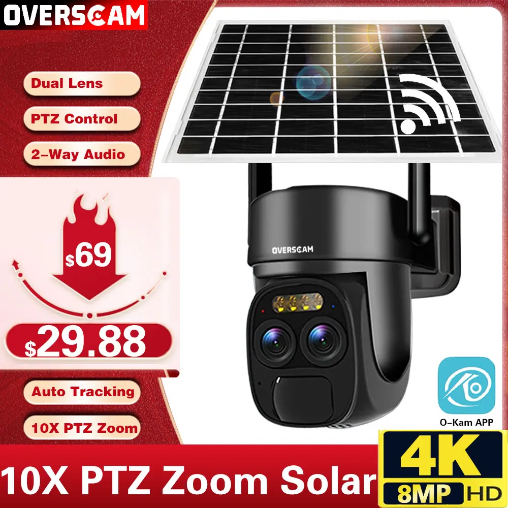 

10X Zoom 8MP Solar Dual Lens Camera Wifi Outdoor IP Wireless CCTV Surveillance Cameras PTZ Night Vision PIR Human Detection Cam