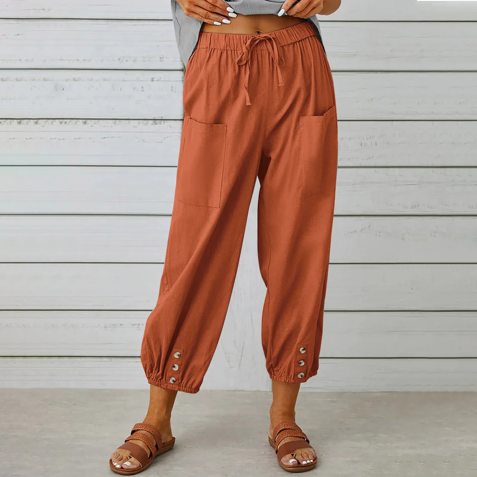 

Womens Spring Summer Pants Cotton Linen Solid Elastic waist Candy Colors Harem Trousers Soft high quality for Female ladys S-5XL