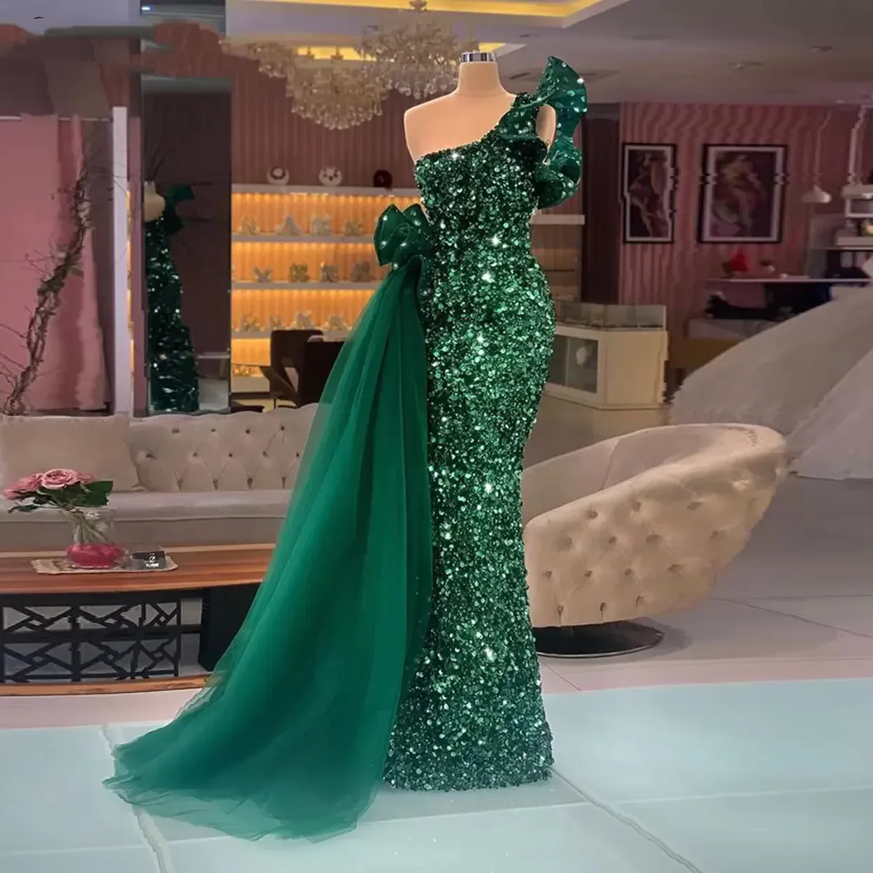 

Gorgeous green evening gown with sequin tulle beauty bow fish length women vestidos de fiesta فساتين للحفلات الراقصة