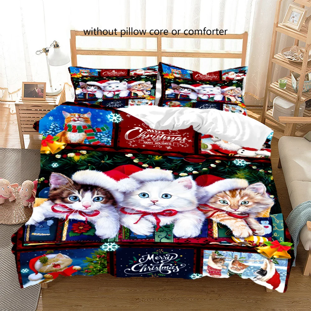 

Cute Cat Cartoon Christmas Sant Claus Full Twin Queen King Size 3Pcs Duvet Quilt Cover Bedding Set Bed-Linen Pillowcases240x220