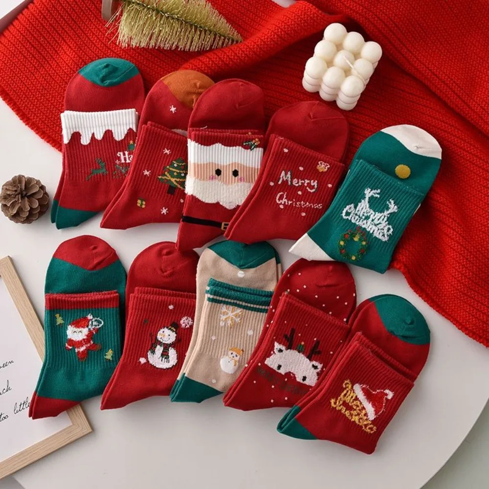 

5 Pairs/Lot Elk Christmas Socks Cartoon Snowman Christmas Gifts Mid-tube Socks Santa Claus Cotton Winter Socks Winter