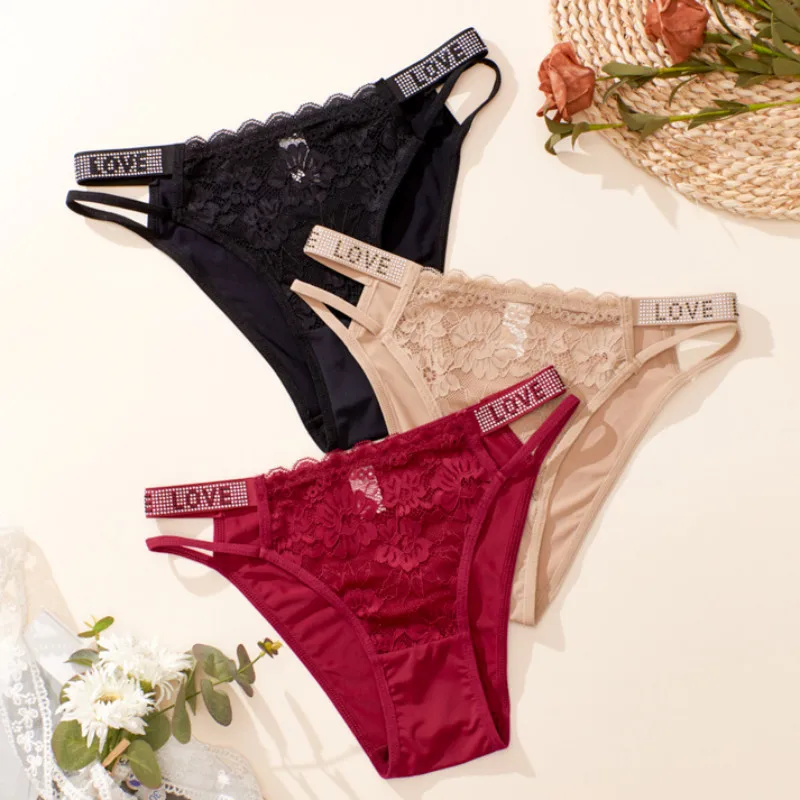 

Mid Waist Solid Color Lace Thong Women Sexy Seductive Underwear Hollowed Out Embroidery Breathable Cool Pants Fashionable Tanga