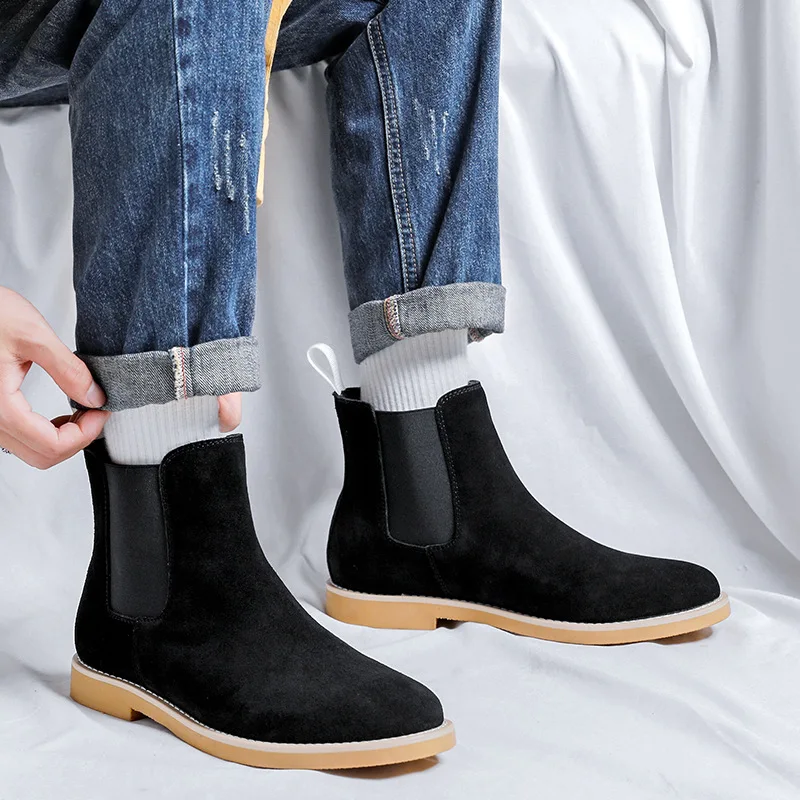 

England style mens casual chelsea boots black beige cow suede leather shoes cowboy ankle boot breathable handsome short botas