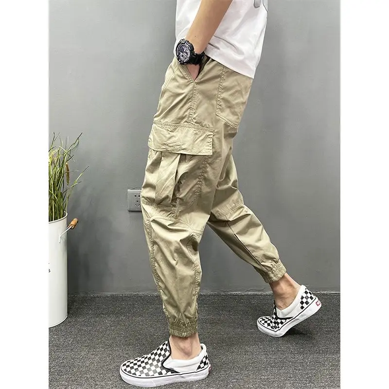 

2024 Summer New Thin Style Work Pants Men High Street Loose Casual Bound Feet Cropped Pants Youth Khaki Color Pocket Pants