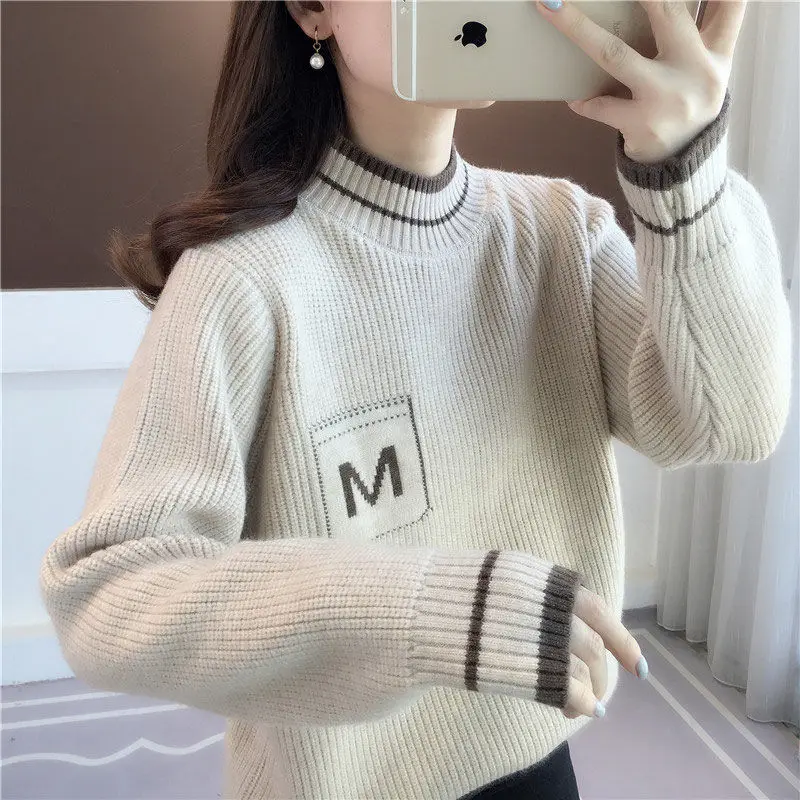 

Autumn and Winter Women's Contrast Color Half High Collar Long Sleeve Loose Knitted Sweaters Jumpers Fashion Casual Korean Tops