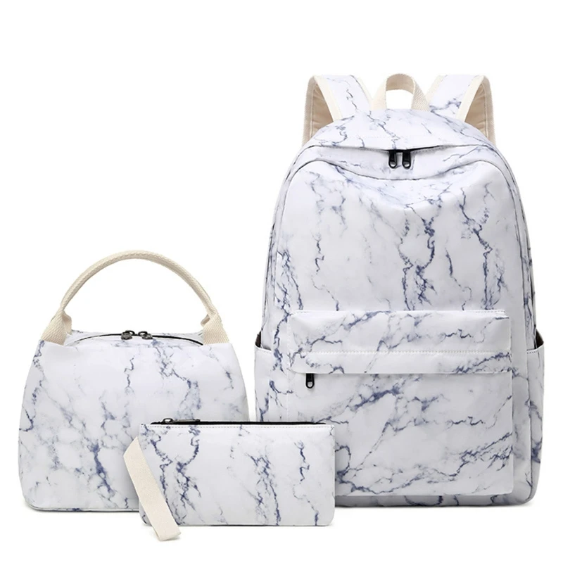 

Marble School Backpack with Lunch Tote Pencil Bag Multi Pocket Schoolbag Cute Student Daypack Book Bags for Teen Girls