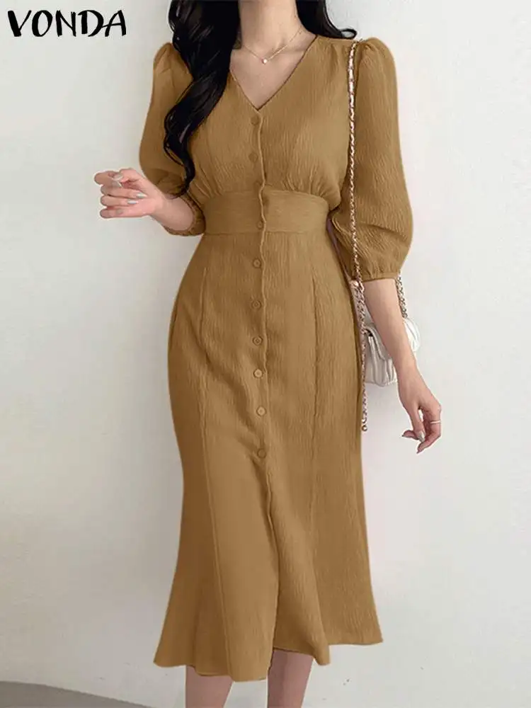 

Women Elegant Office Lady Sundress 2023 VONDA Sexy Dresses Solid Color V Neck Dress Summer Lantern Sleeve Mid-Calf Fashion Robe