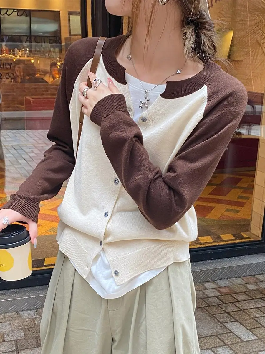 

New Knitted Cardigans Slim Casual Round Neck Long Sleeve Top for Women Block Color Patchwork Button Fly Female Students Jackets