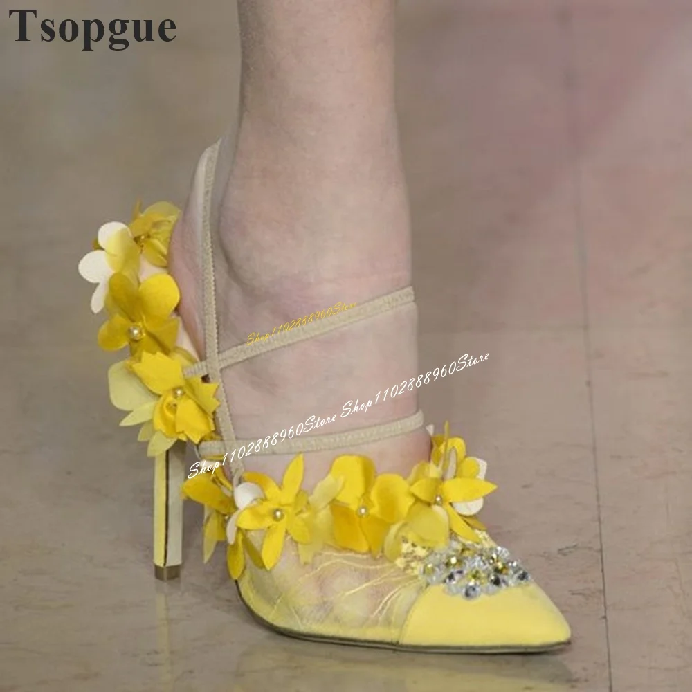 

Женские модельные сандалии на тонком высоком каблуке, желтые сандалии с цветочным принтом и кристаллами, с острым носком и ремешком сзади, модная обувь для женщин, 2024