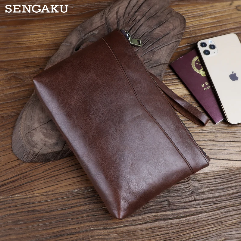 

Genuine Leather Mens Day Clutches Vintage Big Handbag Male Purse 7.9 Inch Ipad Long Wallet Cowskin Clutch Bag With Wrist Belt