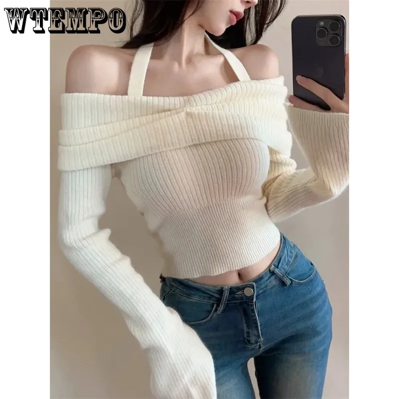 

Halter Sweater Slash Neck Flare Sleeve Women's Short Top Slim Sexy Pure Desire High Waist Navel Expose Hotsweet Knit Base Shirt