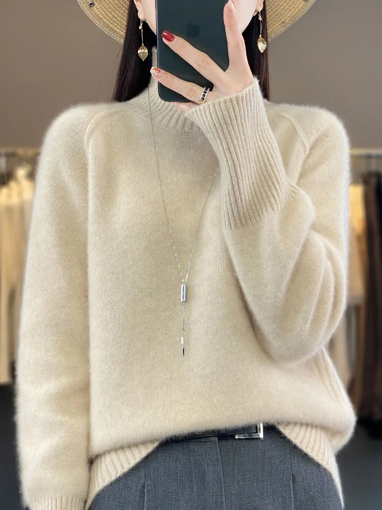 

100% Merino Wool Autumn Winter Thickened Women Sweater Long Sleeve Turtleneck Pullover Soft Warm Wool Casual Knitwear Female Top