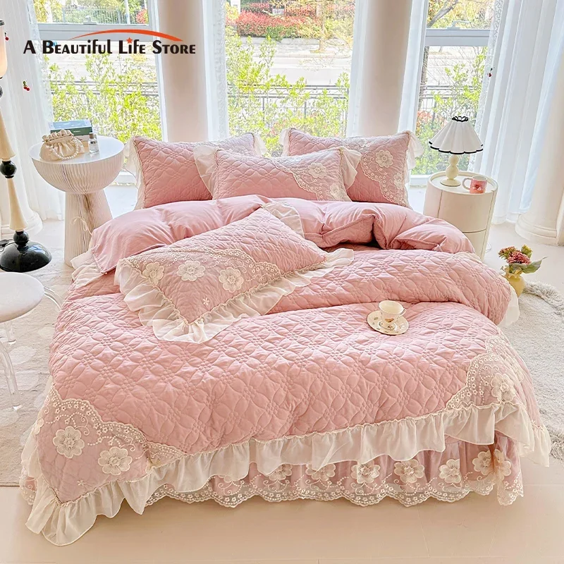 

Pink Korean princess style Lace ruffles quilted quilt cover Set Bedding Set Duvet Cover Set bedspread Bed Linen Pillowcases 4Pcs