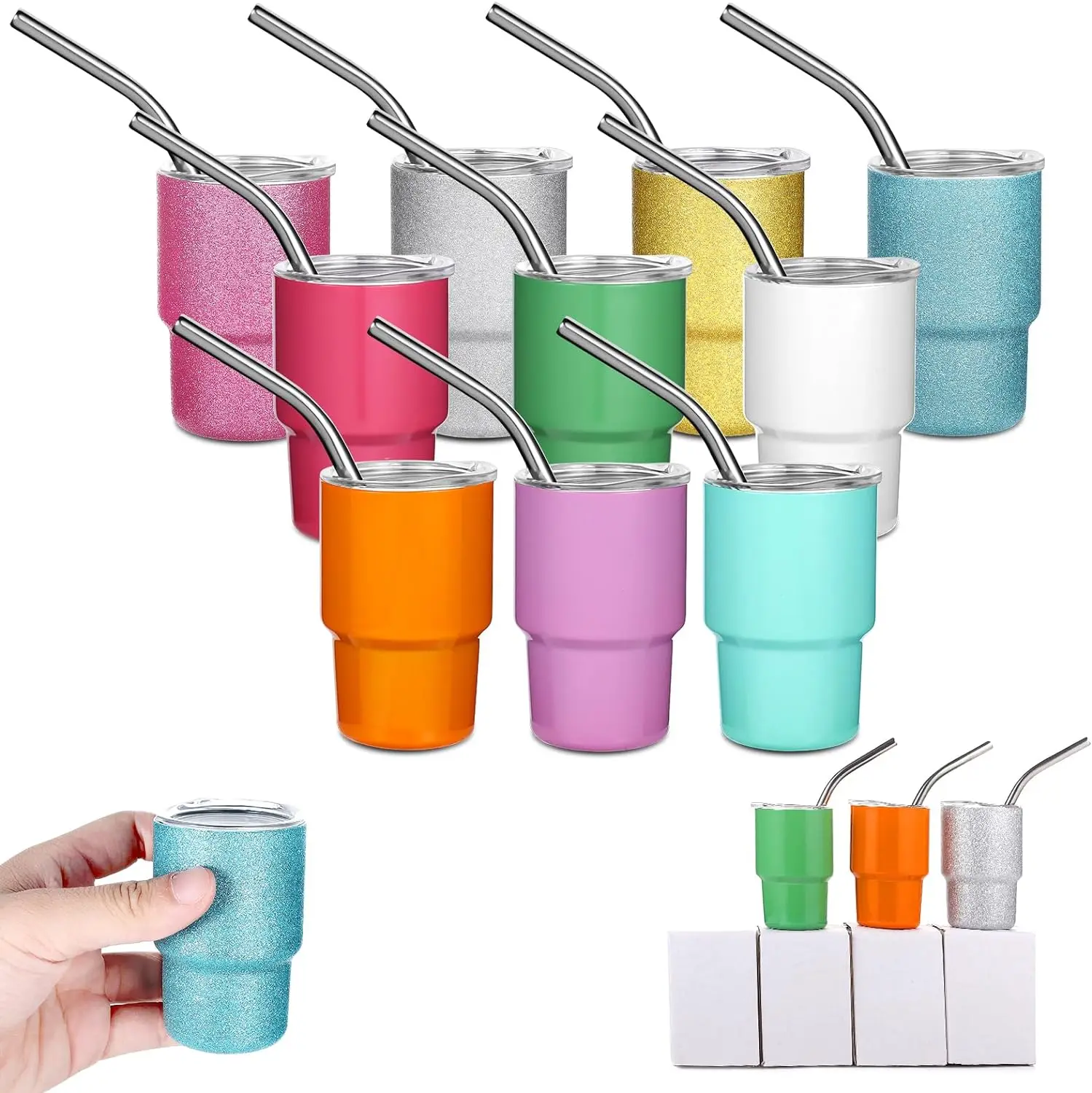 

10 Pcs Mini Tumbler Shot Glass with Straw,2oz Sublimation Shot Glass Tumblers Set Double Wall Vacuum Insulated Shot Glasses Cups