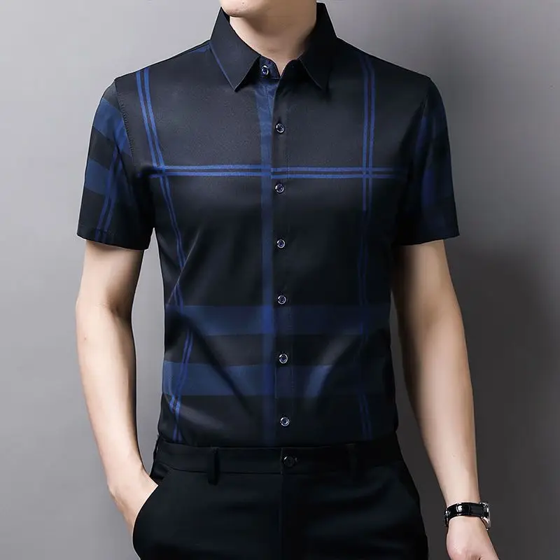 

Spring Summer Polo Turn-down Collar Short Sleeve Shirt Men's Stripe Korean Fit Checker Non Ironing Business Casual Fashion Tops