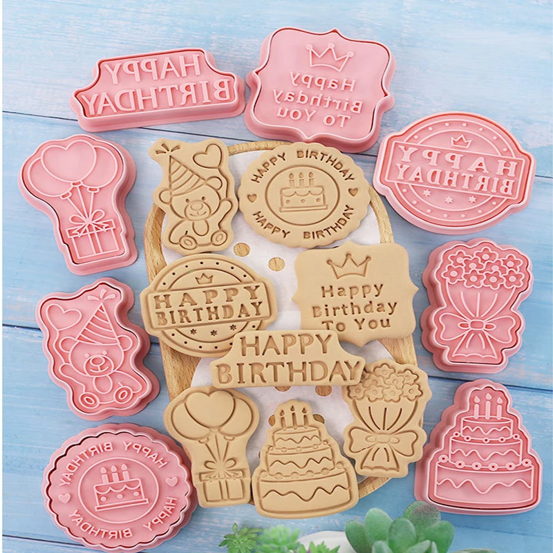 

8Pcs Cookie Cutters Moulds Happy Birthday Letters Heart Shape Resin Biscuit Bakeware Stamps Diy Tool Set Pastry Cookie Cutter