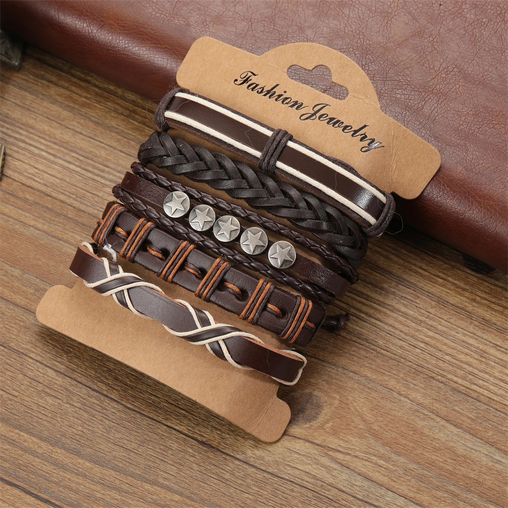 

5 Pcs/Sets Fashion Jewelry Handmade Weave Genuine Leather Bracelet Men Vintage Cuff Leather Bracelet Pulsera Hombre